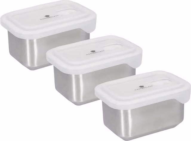 MasterClass Set of 3 Stainless Steel Food Containers with Snap Lids, 750ml, Silver and Grey