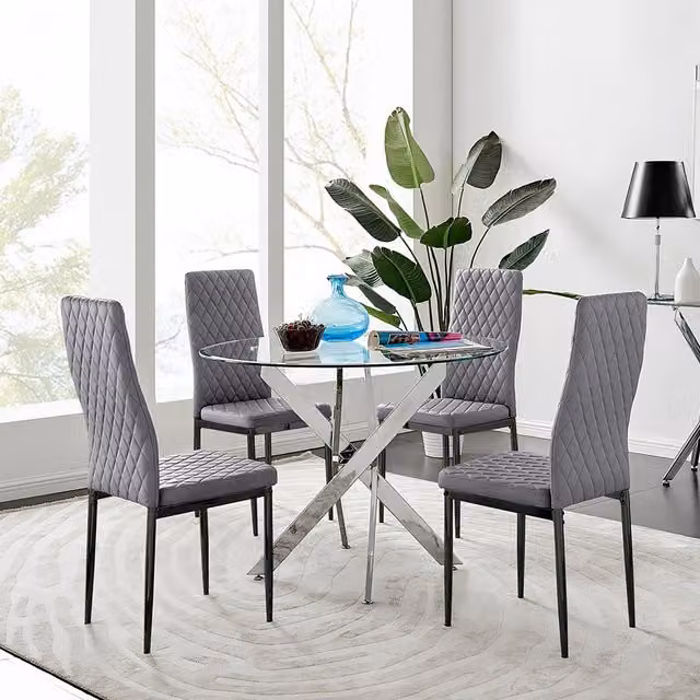 FurnitureboxUK Novara Round Glass Dining Table and 4 Grey Velvet Milan Chairs with Black Legs