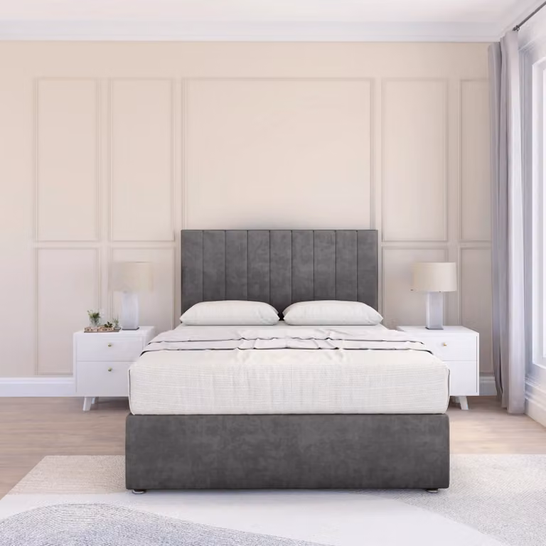 Sloomy Kansas Small Single Divan Bed Base with 54 inch Floor Standing Headboard in Light Beige Velvet Fabric