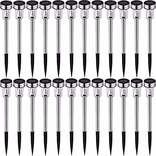 tectake 24 Pack Solar LED Garden Post Lights in Silver Stainless Steel with Cool White Light and Dusk Sensor