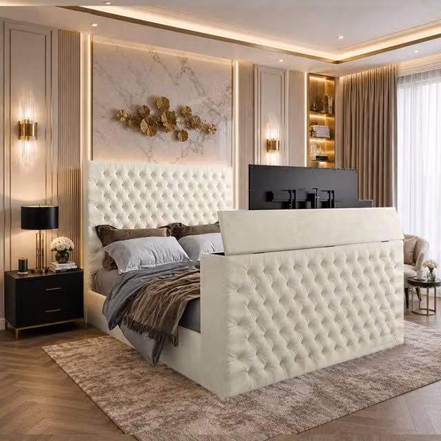 KDMD Annan Double Upholstered Soft Velvet TV Bed Frame with Lift Up Base and Under Bed Lighting in Cream