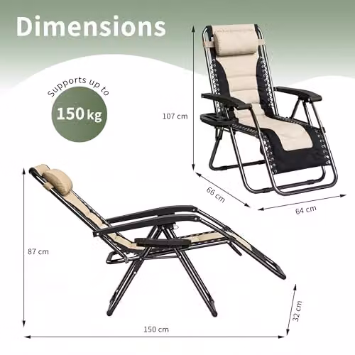MCC Direct Set of 2 Zero Gravity Reclining Sun Lounger Chairs in Black and Beige – 3