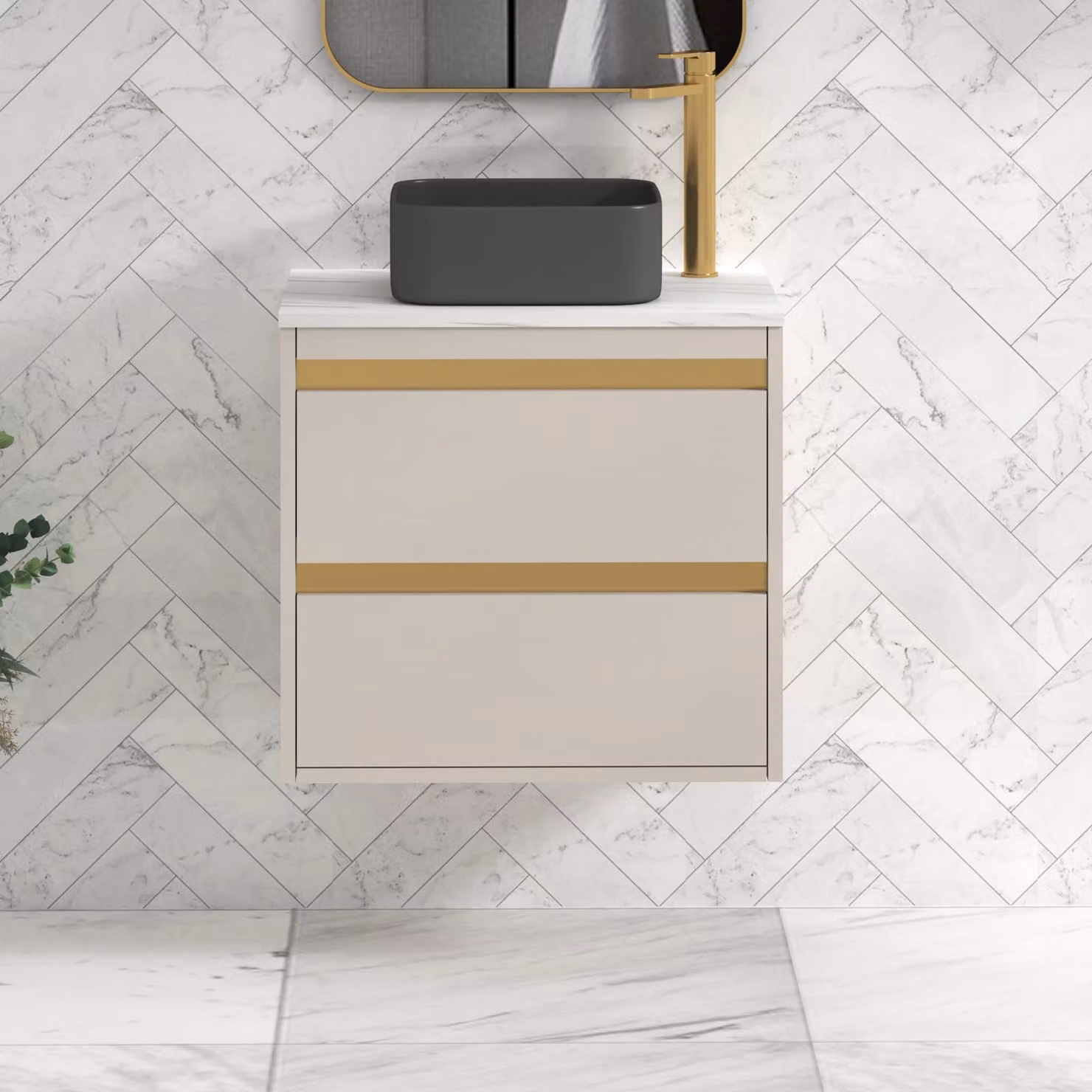 Royal Bathrooms Orion 600mm Warm Taupe Wall Hung Countertop Vanity Unit with 2 Drawers, Art Square Basin and Brushed Brass Accent Trim