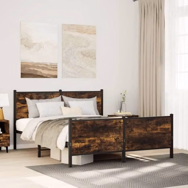 Berkfield Home Metal Bed Frame in Smoked Oak Brown, W/D/H: 150 x 200 cm, King Size
