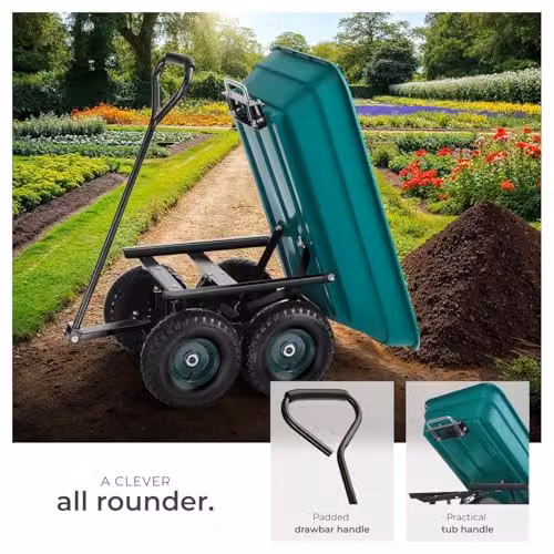 tectake Garden Cart with 52L Tilting Function and Steel Frame in Green, 120 kg Capacity – 4