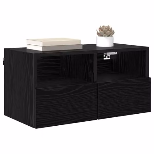 vidaXL Set of 2 Modern Wall Mounted TV Cabinets in Black, MDF with Hinged Doors and Internal Shelves – 1