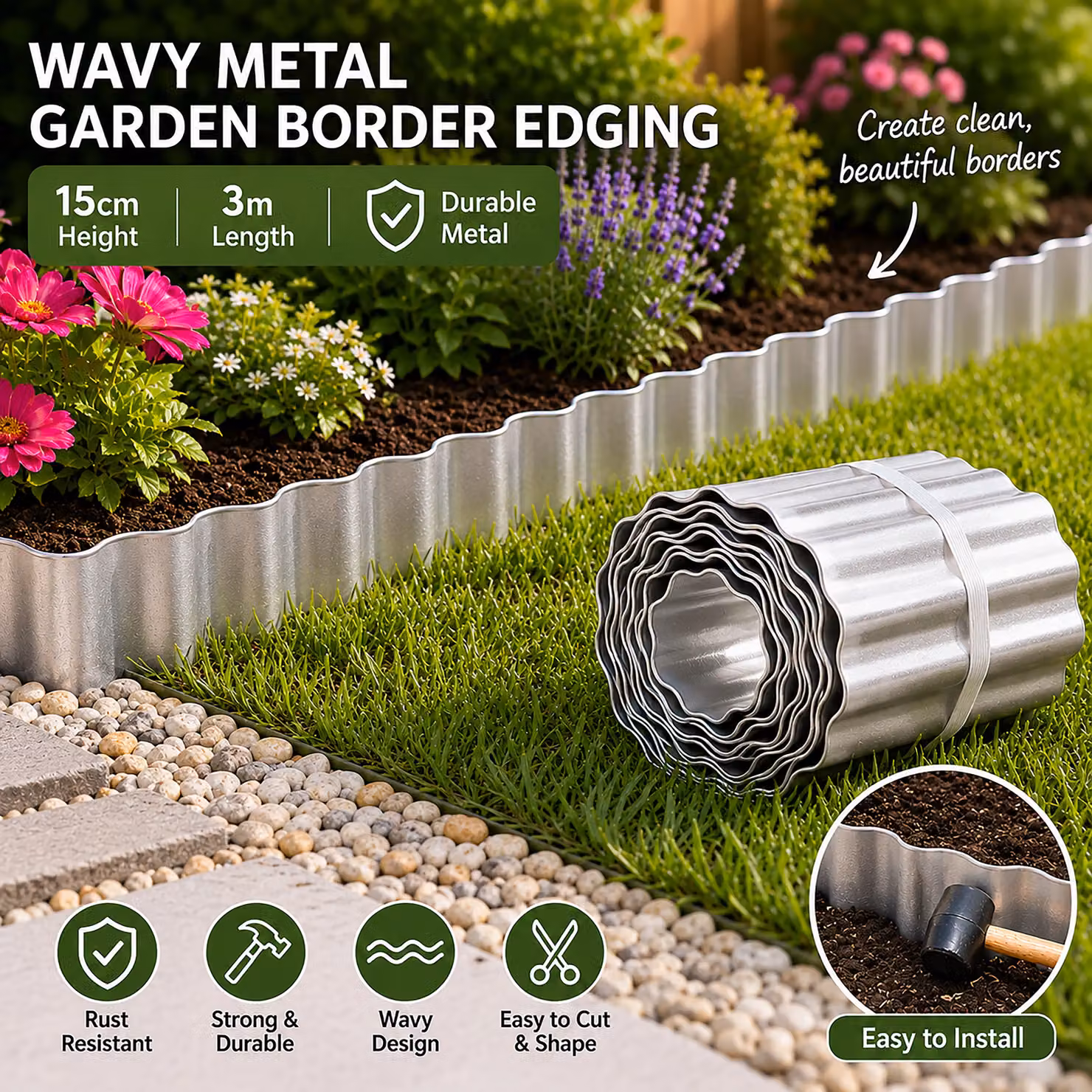 Marco Paul 3M Galvanised Steel Garden Edging in Metallic Silver – 4