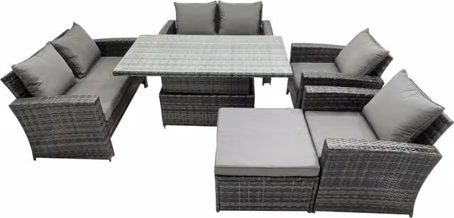 Fimous 7 Seater Rattan Outdoor Dining Set with Adjustable Height Rectangular Table and Love Sofa in Dark Grey – 1