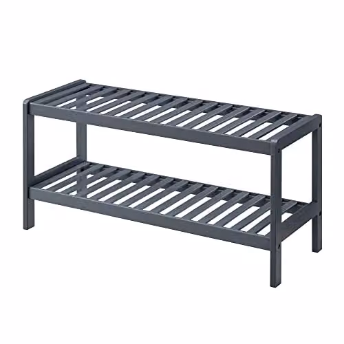 LIVIVO Grey Bamboo 2-Tier Shoe Rack Storage Bench – 6