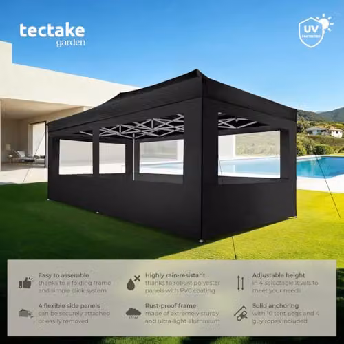 tectake Folding Pop Up Gazebo with Aluminium Frame and 4 Sidewalls with Windows, Black, W: 600 cm, D: 300 cm, H: 280 cm – 2