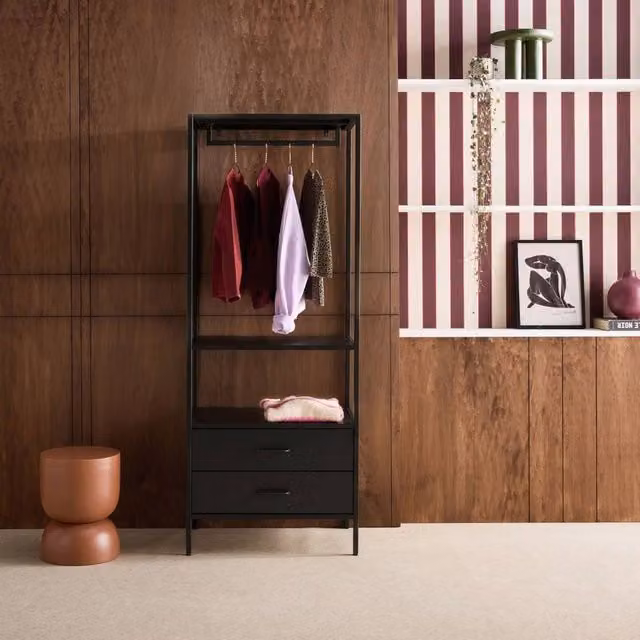 sweeek Industrial Metal Hallway Coat Rack with Hanging Rod and 2 Drawers in Matt Black