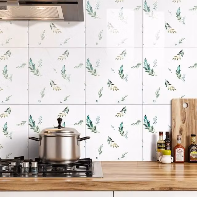 Lifeideas Set of 10 Green and White Leaf Pattern Adhesive Wall Stickers