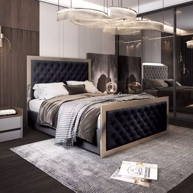 Casani Maddison Upholstered Velvet Metal Bed Frame in Black, W/D/H: 180 x 200 cm – 1