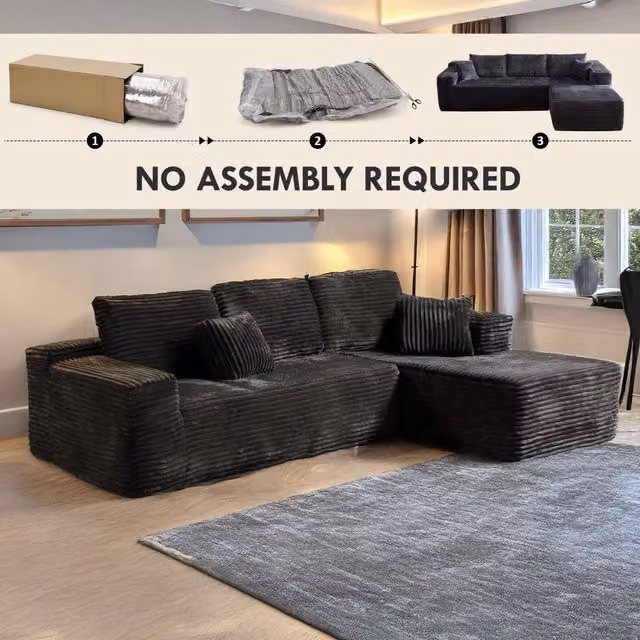 MN Furniture Modern Compact Right Corner L-Shape Sofa in Black with Scatter Cushions