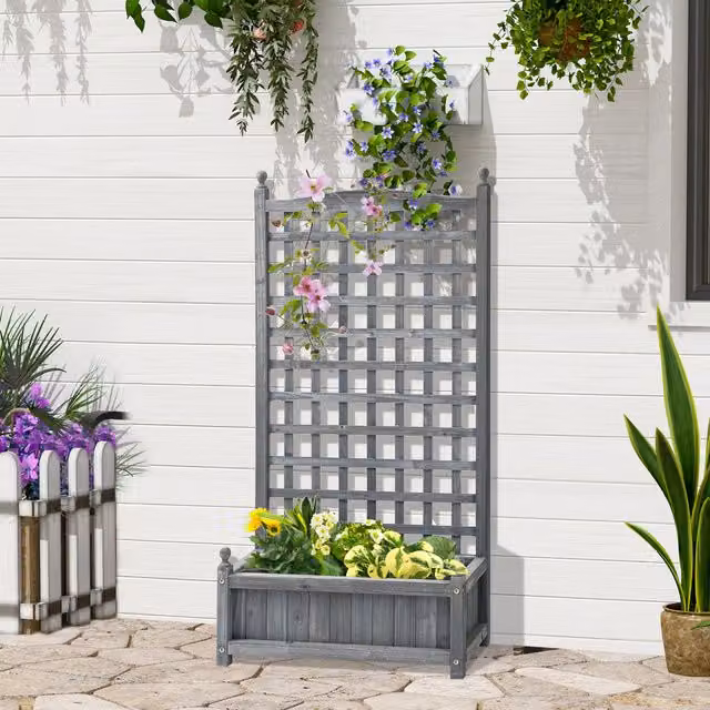 Outsunny Grey Fir Wood Raised Garden Bed with Trellis Planters