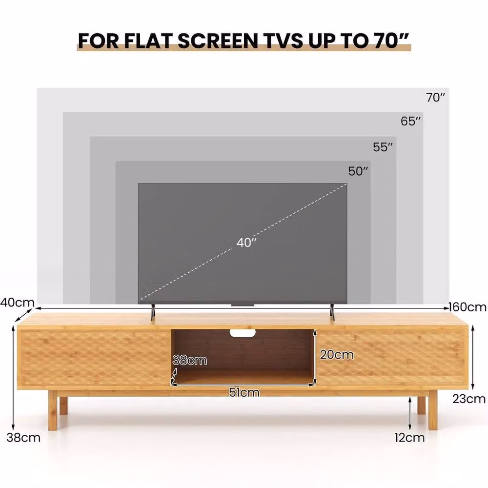 KORVIXA Bamboo TV Stand for 65 to 70 inch TVs in Natural Wood Finish, W/D/H: 100 x 100 x 100 cm – 2