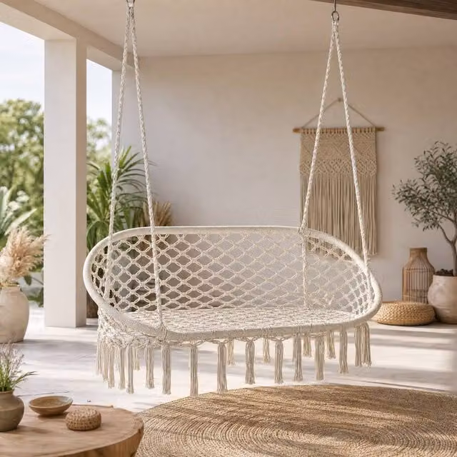 STILVORA Boho Hanging Chair with Two Seats, Metal Frame and Cushions, Beige