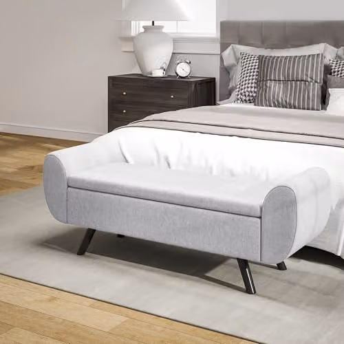 HOMCOM Upholstered Linen Storage Ottoman with Armrests and Rubberwood Legs, Grey, W/D/H: 120 x 50 x 42 cm – 7