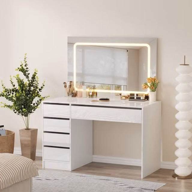 WestWood Modern White Glossy Dressing Table with LED Mirror and 5 Drawers, Width: 120 cm
