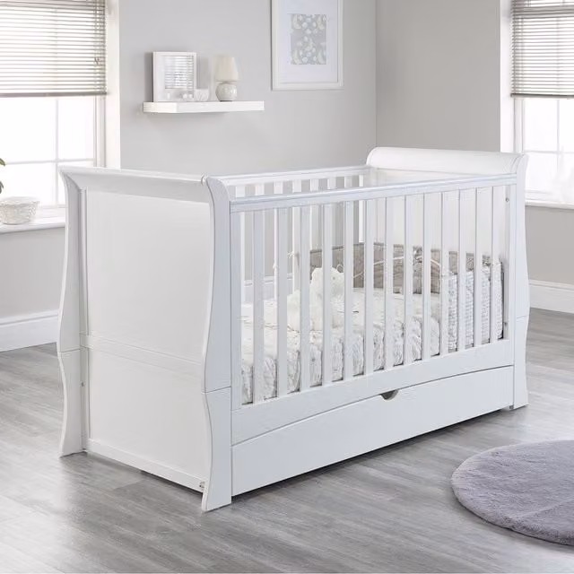 Baby Snooze Lillian Sleigh Cot Bed with Drawers and Drop Side in White
