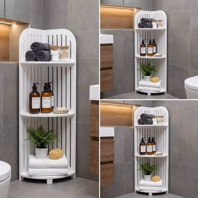 KORVIXA White Corner Bathtub and Shower Rack