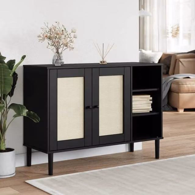 Berkfield Home SENJA Sideboard in Black Rattan Look Solid Pine Wood, W/D/H: 112 x 40 x 80 cm – 1