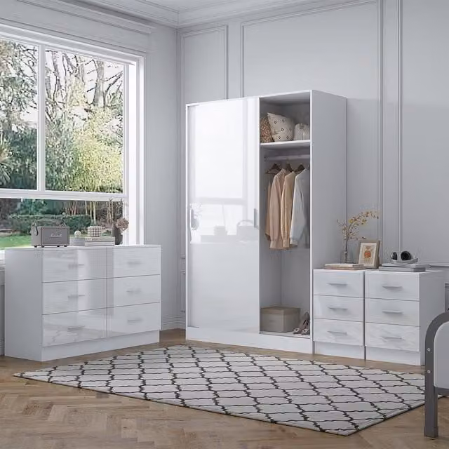 Reflect Modern Bedroom Furniture Set in White Gloss and Matt White Finish, including Sliding Wardrobe, Wide Chest and 2x Bedside Tables – 1