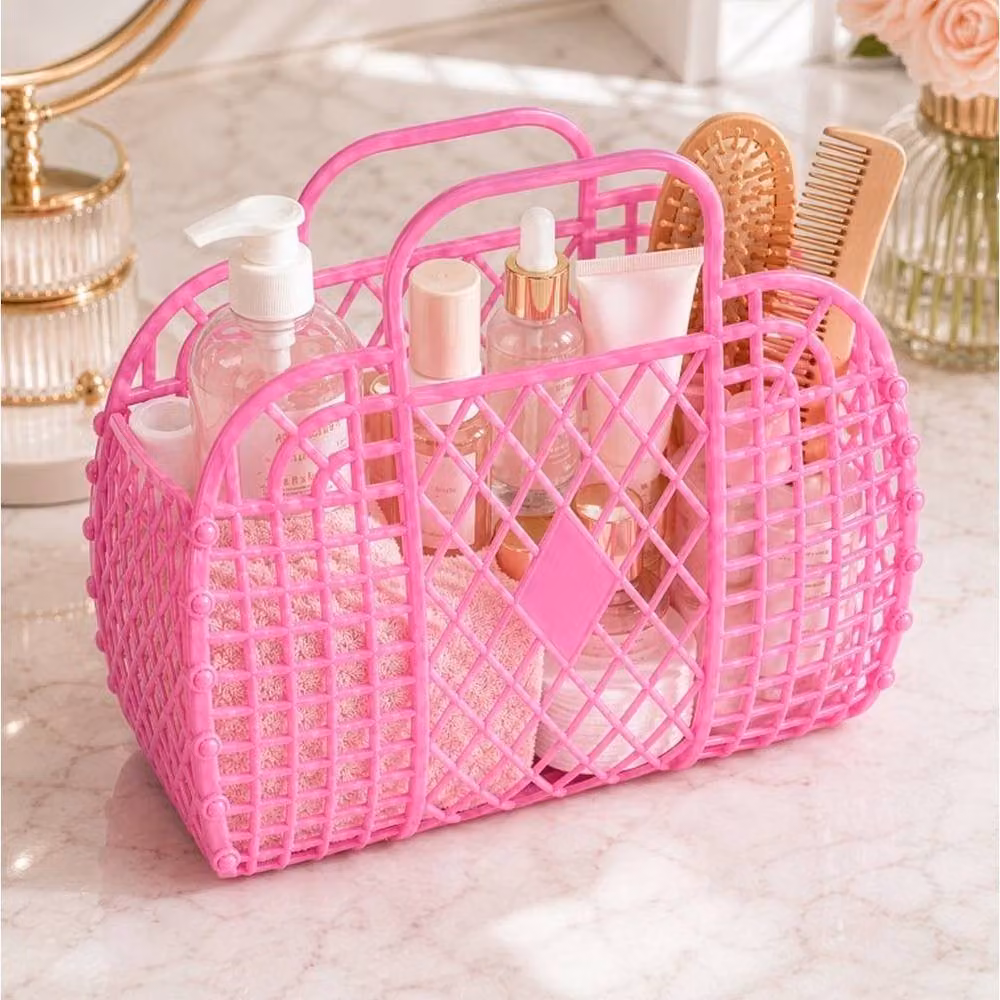 NESTLUNE 6-Piece Retro Pink Mesh Jelly Tote Bag Set Made of Reusable PVC Plastic – 3