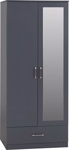 Seconique Dakota 2 Door 1 Drawer Mirrored Wardrobe in Dark Grey, H 175 cm x W 75 cm x D 48 cm