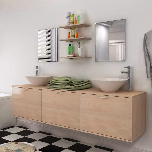 Berkfield Home Ten Piece Modern Beige Bathroom Furniture Set with Vanity Unit and Wall Cabinet