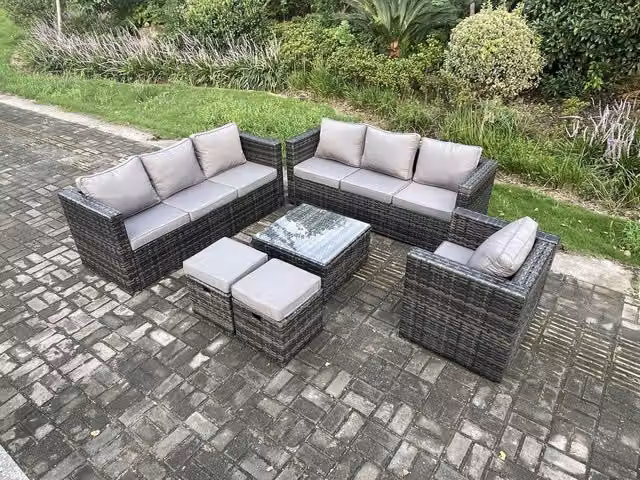 Fimous 9 Seater Rattan Garden Furniture Set in Dark Grey with Armchair, Square Coffee Table and 2 Footstools – 1
