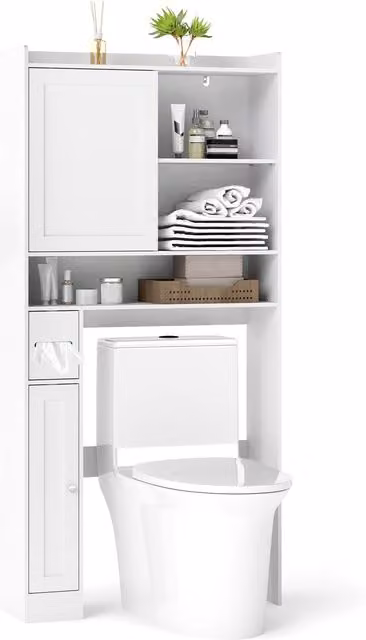 Gymax White Over-the-Toilet Bathroom Cabinet with Sliding Doors and Open Shelves