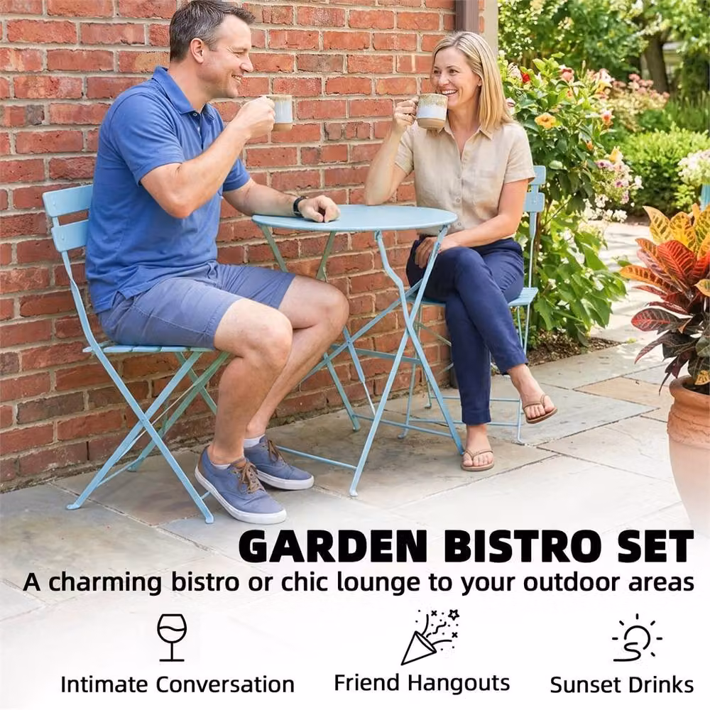 Outsunny Blue Metal Folding Garden Bistro Set for 3 Adults – 3