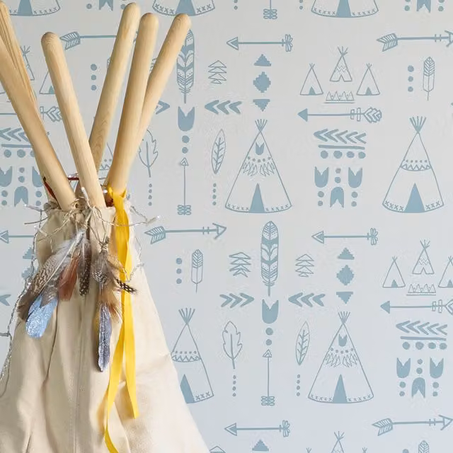 Hibou Design Teepees Non-Woven Wallpaper in Storm Green and Grey for Childrens Rooms
