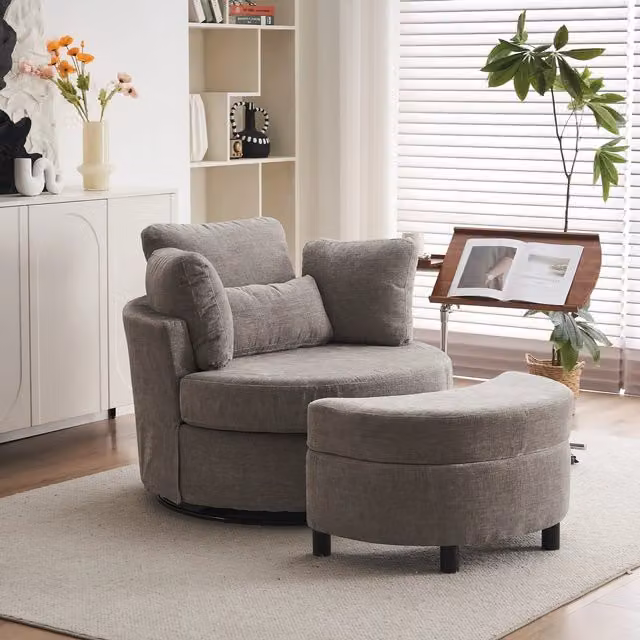Aosom.UK Grey Chenille 360 Swivel Armchair with 3 Back Cushions and Crescent Ottoman Stool, W/D/H: 105 x 107 x 82 cm – 1