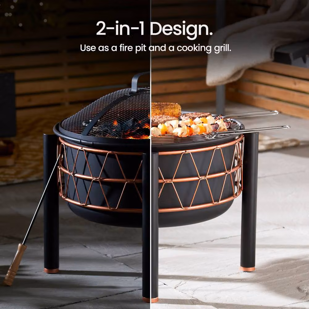 VonHaus Copper Rim Steel Fire Pit Bowl in Black, W: 54.0 cm, D: 53.0 cm, H: 54.0 cm – 3