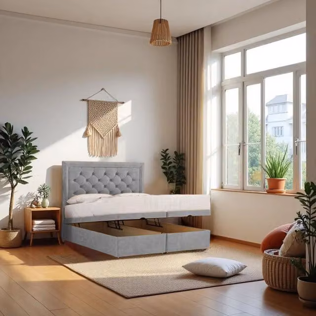 Knight Sleep Athens Double Ottoman Bed with Mattress and 24 inch Headboard in Silver Grey Fabric