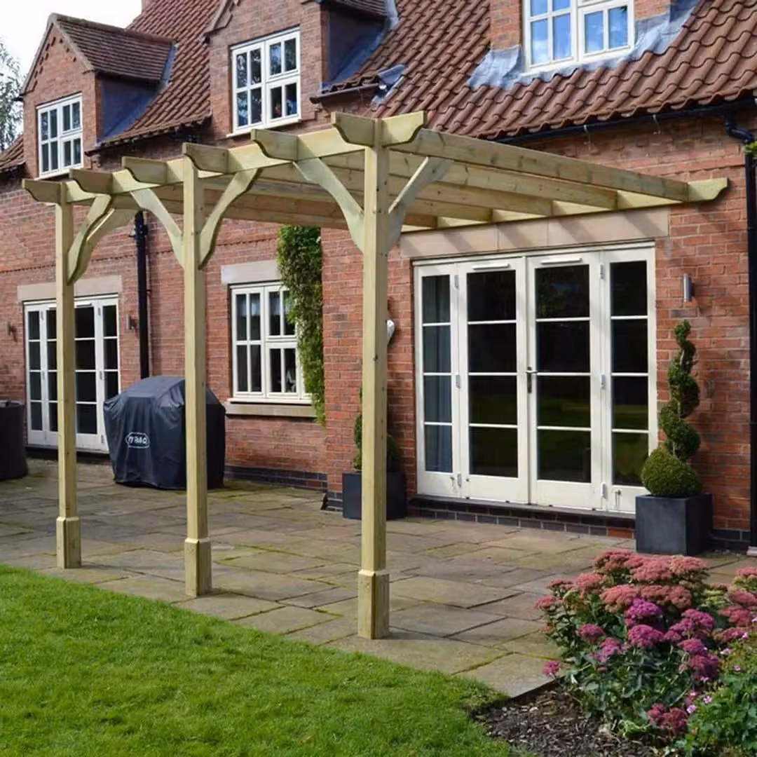 Rutland County Garden Furniture Ltd Wall Mounted Premium Lean-to Pergola with 3 Posts, W: 720 cm, D: 240 cm, H: 270 cm, Brown and Green – 3