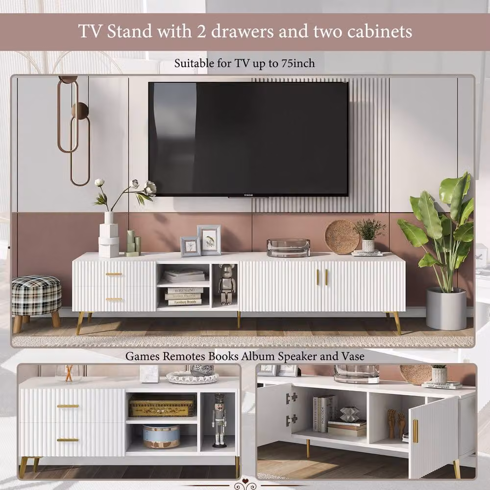 Rolipo Modern White Matt TV Stand for 75 to 80 Inch TVs, Width: 180 cm – 4