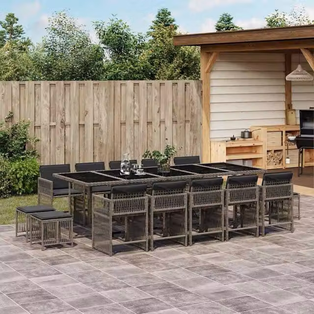 Berkfield Home 15 Piece Grey Poly Rattan Garden Dining Set with Cushions and Glass Tabletop