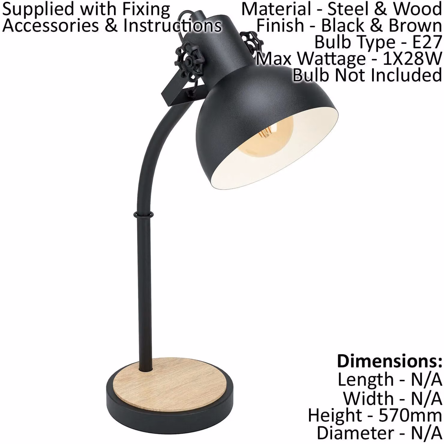 Loops 2 Pack Curved Table Lamps in Black Steel and Wood with E27 Base – 2