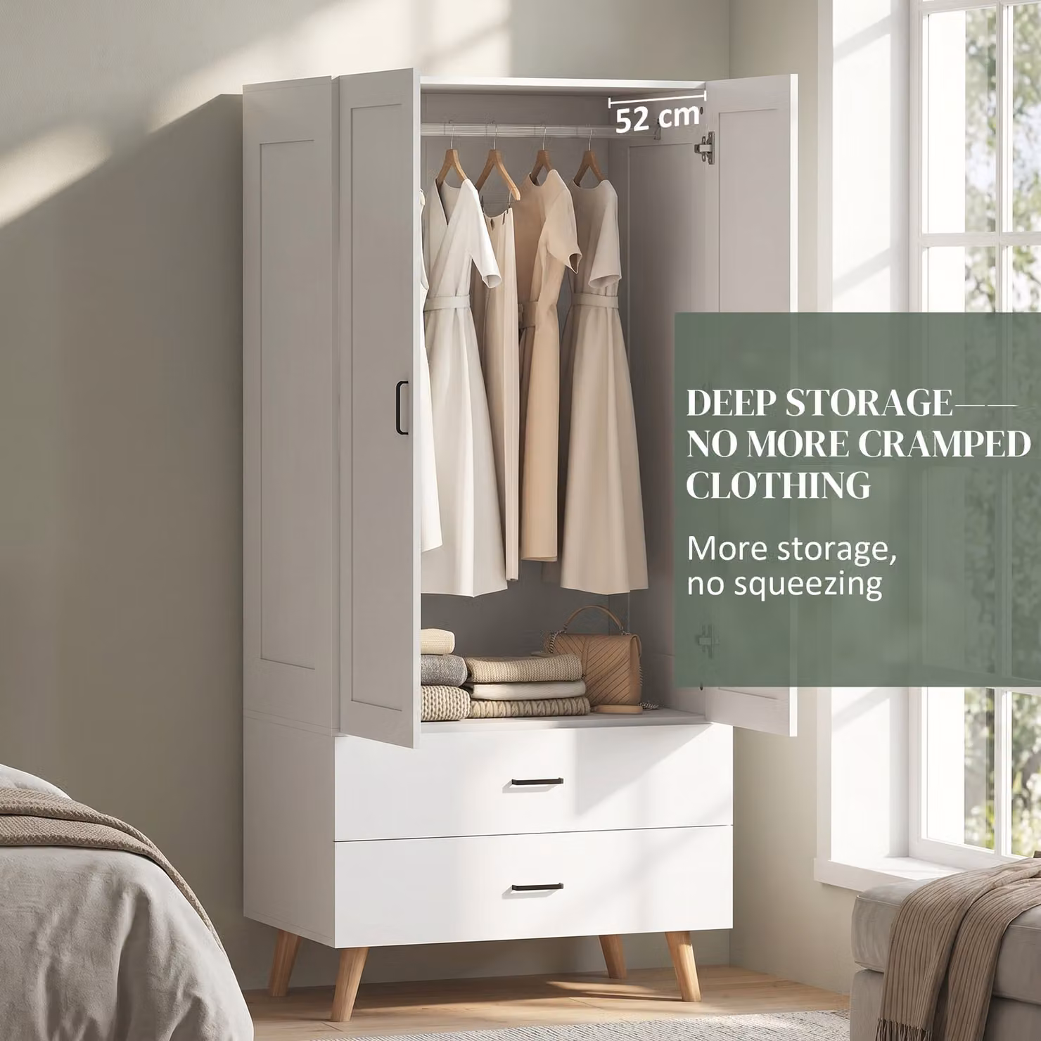 HOMCOM Modern 2-Door White Wardrobe with Internal Drawers, Hanging Rail and Soft-Close Hinged Doors, H 180 x W 80 x D 52 cm – 3