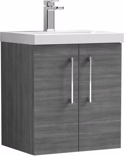 Balterley Contemporary Wall Hung Bathroom Vanity Unit with 2 Soft-Close Doors and Mid-Edge Ceramic Basin, Anthracite Woodgrain Grey, W: 50 cm, D: 57.9 cm, H: 50 cm – 1