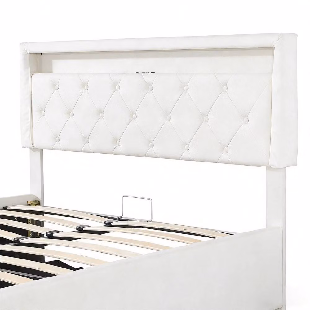 SPETLEK White Fabric Upholstered Double Bed Frame with Lift Up Base and USB Charging Port, W/D/H: 140 x 200 cm – 3