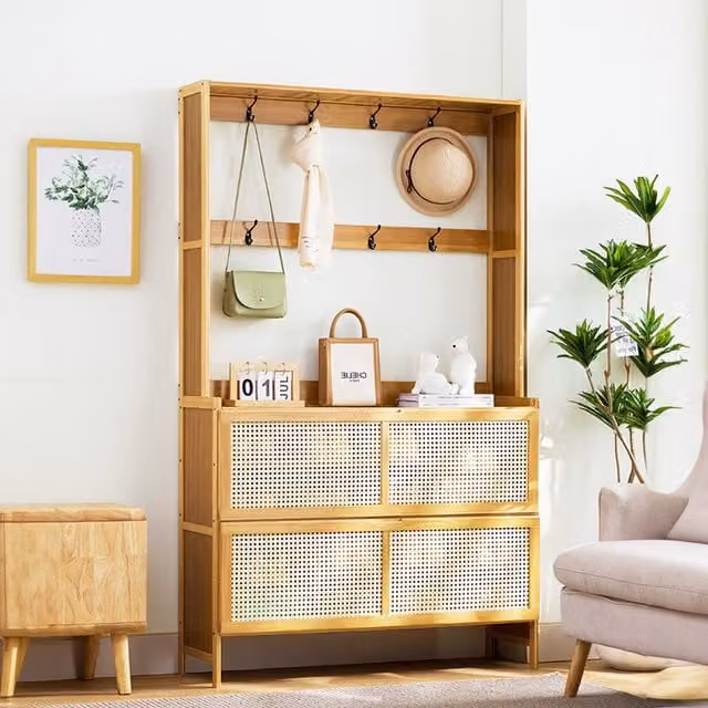 Komore Brown Scandinavian Style Wooden and Metal Shoe Storage Cabinet with Doors and Open Shelves