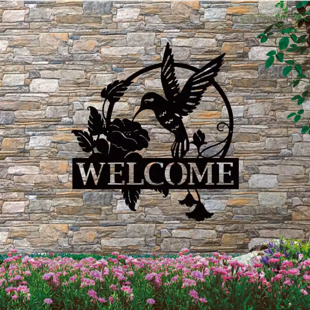 Laser Hut Hummingbird Welcome Sign Wall Plaque, Black Metal, 50 cm