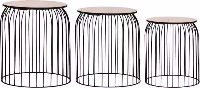 Berkfield Home Set of 3 Black Industrial Nesting Coffee Tables with Round Wood Tops – 1