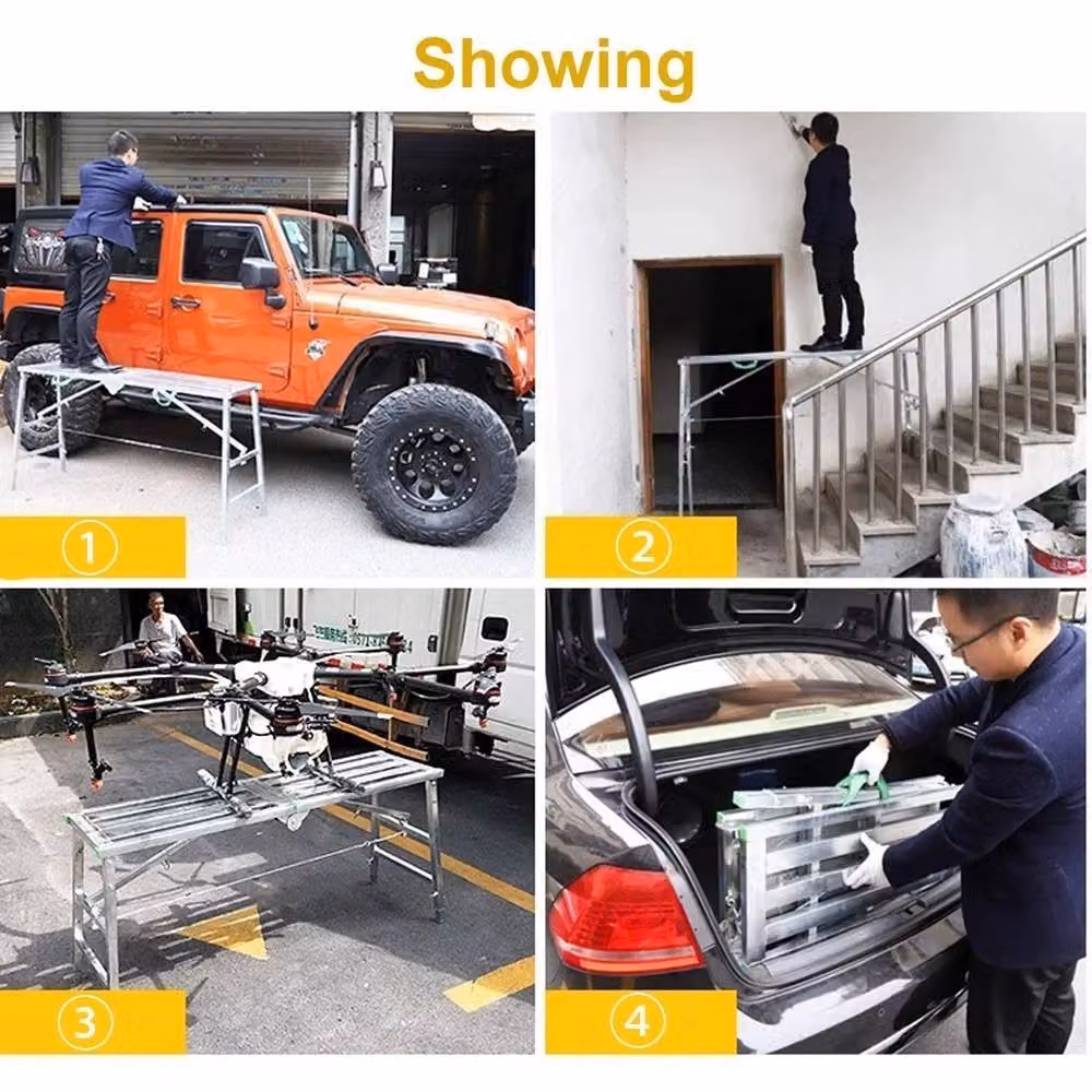 VOGREX Heavy Duty Foldable Adjustable Steel Hop-Up Platform Ladder in Silver W: 120 cm, D: 120 cm, H: 150 cm – 2