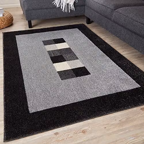 THE RUGS Modern Plain Rectangular Area Rug in Grey and Black, W: 200 cm, D: 290 cm