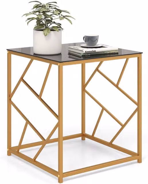COSTWAY Square Glass Side Table in Black and Gold